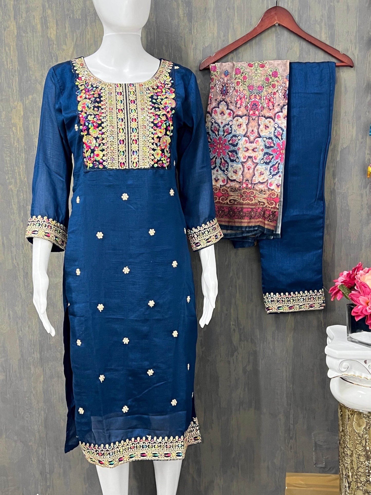 Silk Kurti pant set with digital print dupatta