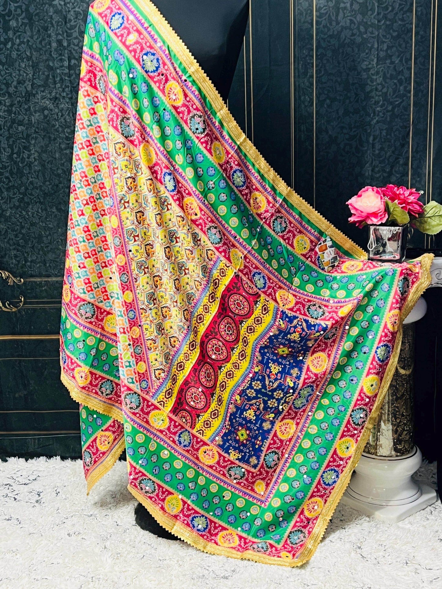 Crape silk multi color dupatta | mirror work dupatta