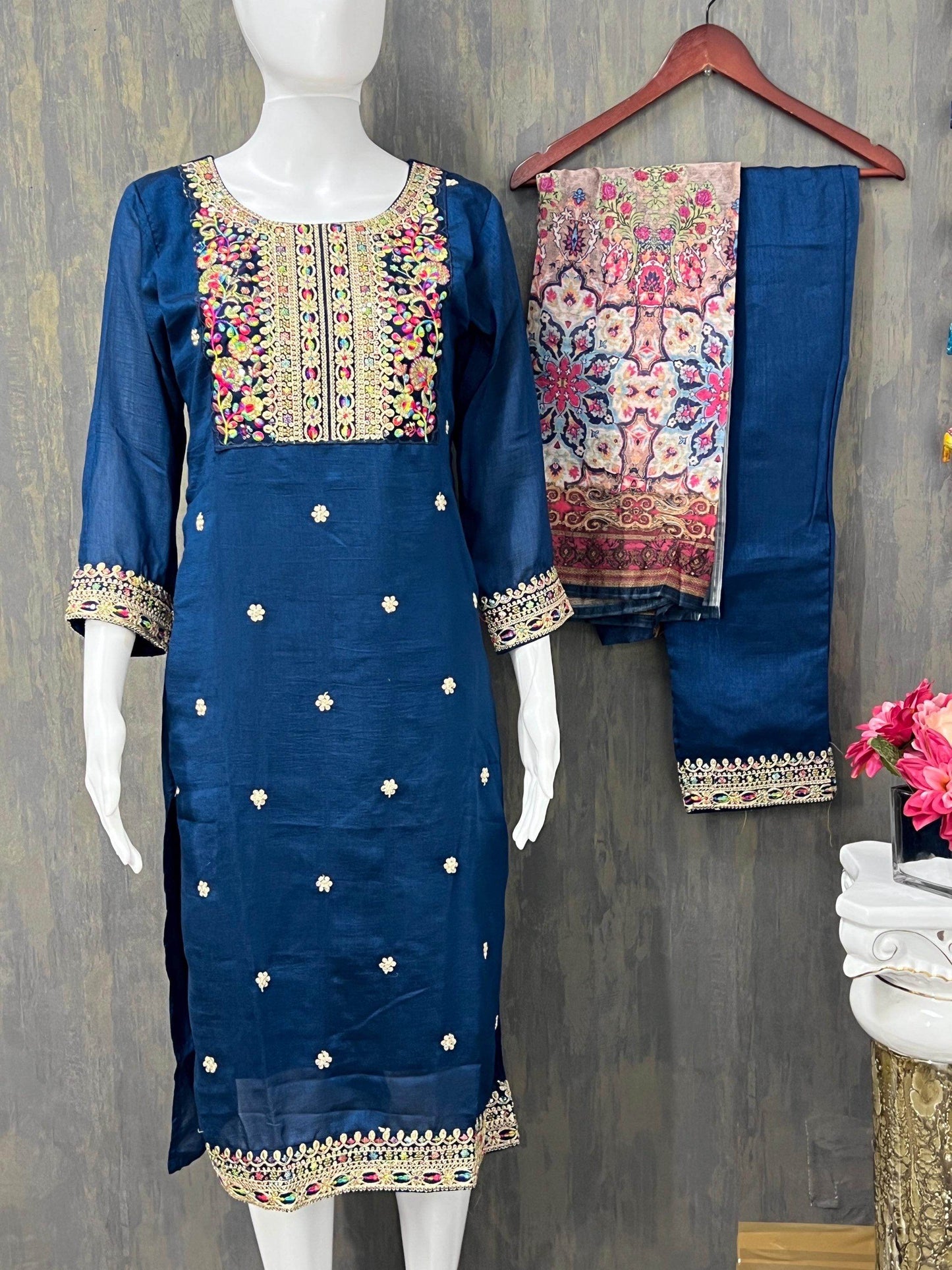 Silk Kurti pant set with digital print dupatta